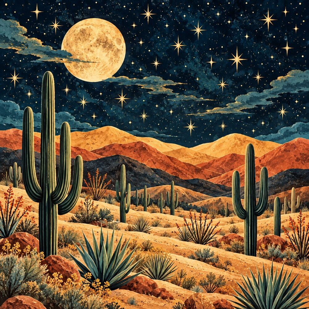 8x8 Framed Quilled Desert Night Print | Cactus Moon Stars Southwestern Wall Art